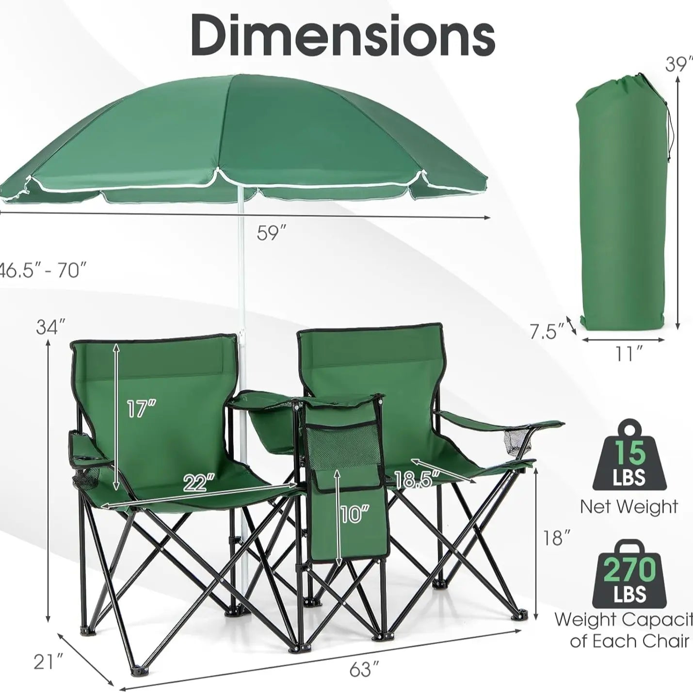 Double Portable Picnic Chairs,Folding Camping Chairs w/DetachableUmbrella, Cooler Bag, Cup Holders