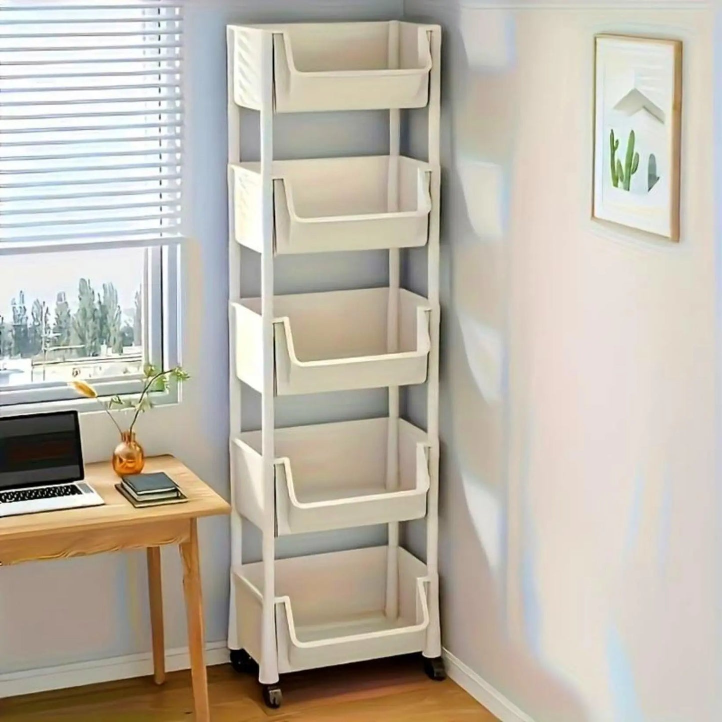 Multifunctional Multi-Layer Plastic StorageCartwith Wheels, Layered Shelf Organizer forBedroomKitchen Bathroom Living RoomAdjustable Dividers Beige