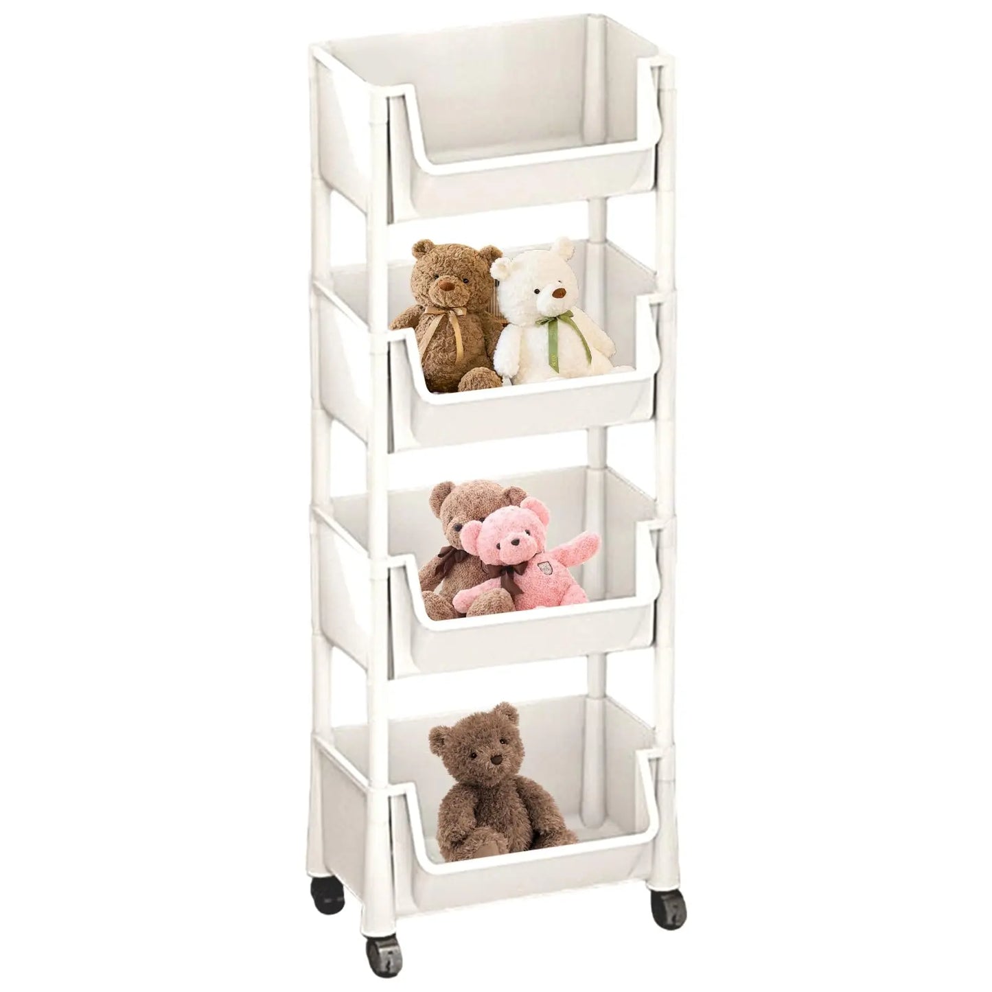 Multifunctional Multi-Layer Plastic StorageCartwith Wheels, Layered Shelf Organizer forBedroomKitchen Bathroom Living RoomAdjustable Dividers Beige
