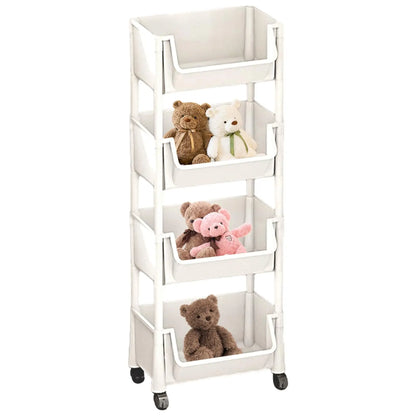 Multifunctional Multi-Layer Plastic StorageCartwith Wheels, Layered Shelf Organizer forBedroomKitchen Bathroom Living RoomAdjustable Dividers Beige