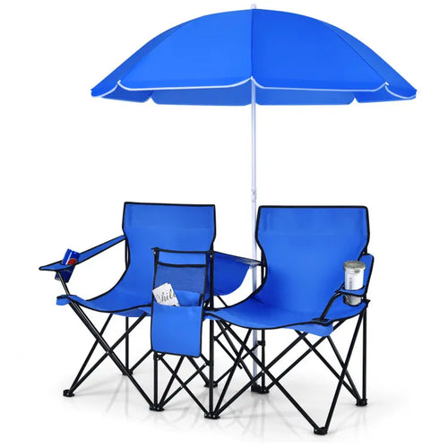 Double Portable Picnic Chairs,Folding Camping Chairs w/DetachableUmbrella, Cooler Bag, Cup Holders