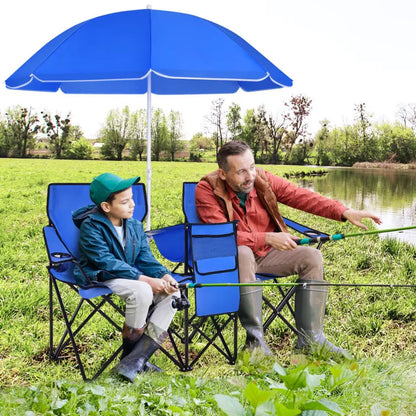 Double Portable Picnic Chairs,Folding Camping Chairs w/DetachableUmbrella, Cooler Bag, Cup Holders