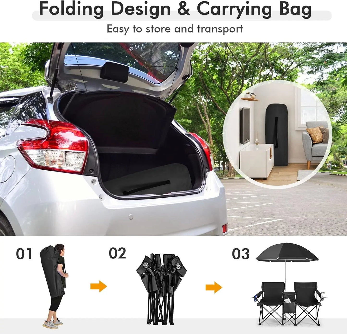 Double Portable Picnic Chairs,Folding Camping Chairs w/DetachableUmbrella, Cooler Bag, Cup Holders