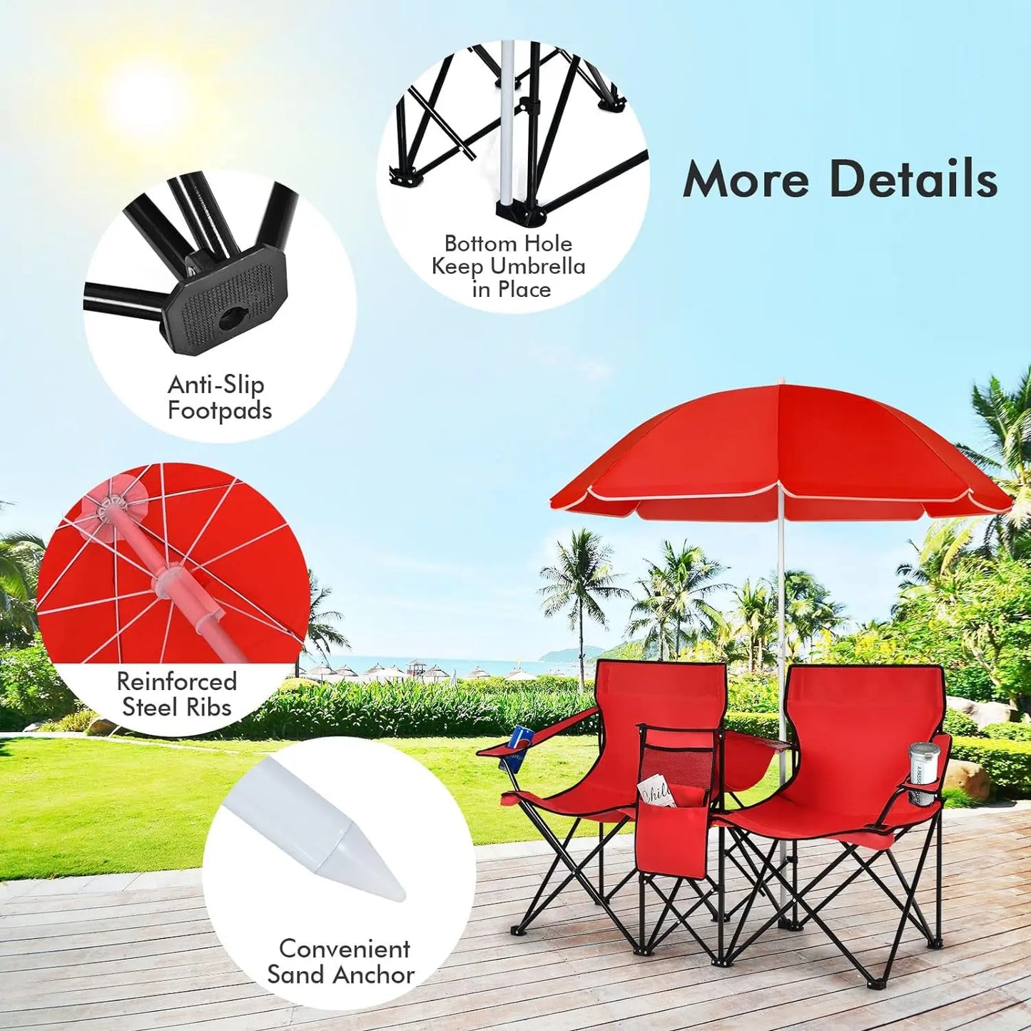 Double Portable Picnic Chairs,Folding Camping Chairs w/DetachableUmbrella, Cooler Bag, Cup Holders