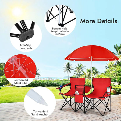 Double Portable Picnic Chairs,Folding Camping Chairs w/DetachableUmbrella, Cooler Bag, Cup Holders