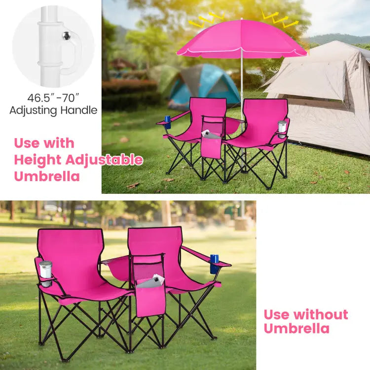 Double Portable Picnic Chairs,Folding Camping Chairs w/DetachableUmbrella, Cooler Bag, Cup Holders