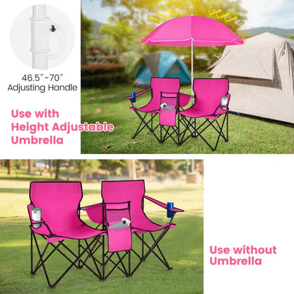 Double Portable Picnic Chairs,Folding Camping Chairs w/DetachableUmbrella, Cooler Bag, Cup Holders