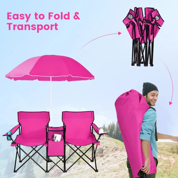 Double Portable Picnic Chairs,Folding Camping Chairs w/DetachableUmbrella, Cooler Bag, Cup Holders