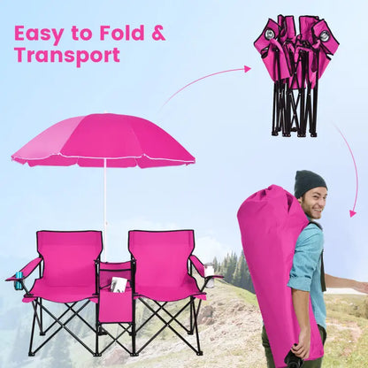 Double Portable Picnic Chairs,Folding Camping Chairs w/DetachableUmbrella, Cooler Bag, Cup Holders