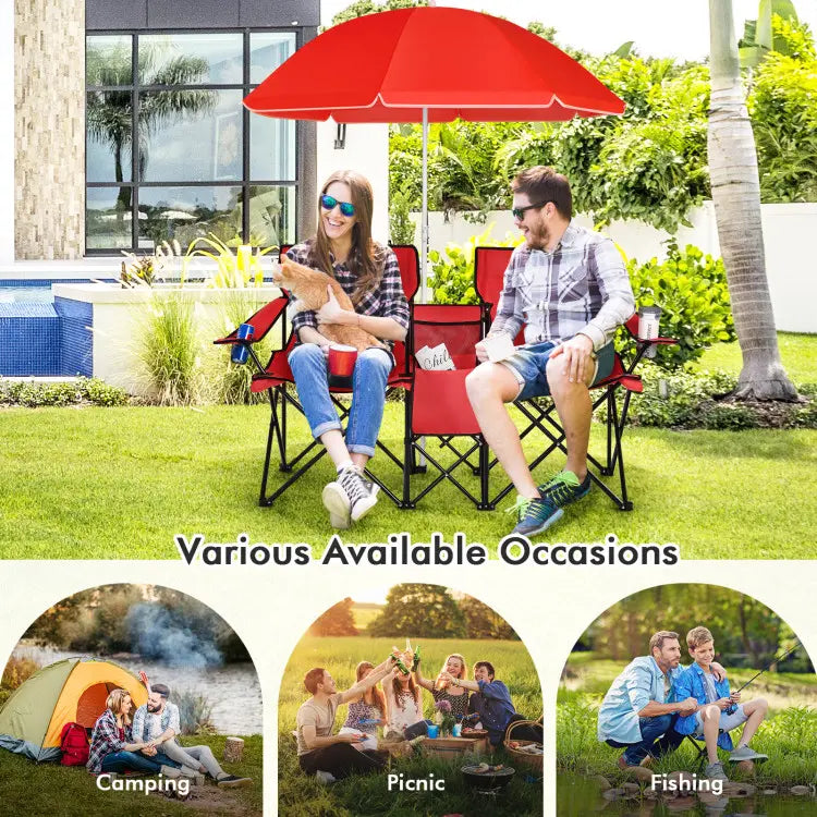 Double Portable Picnic Chairs,Folding Camping Chairs w/DetachableUmbrella, Cooler Bag, Cup Holders