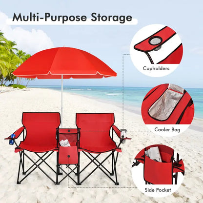 Double Portable Picnic Chairs,Folding Camping Chairs w/DetachableUmbrella, Cooler Bag, Cup Holders
