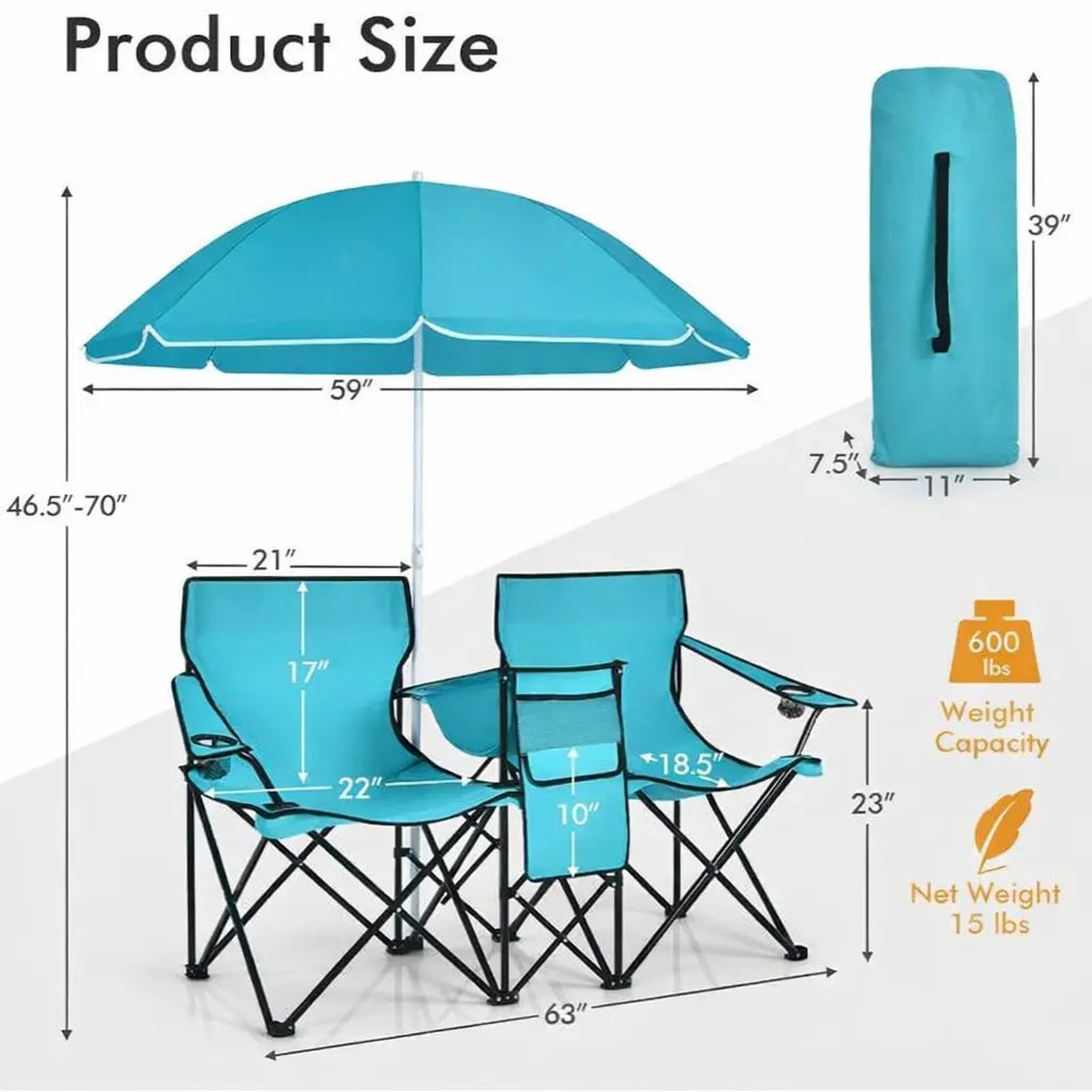 Double Portable Picnic Chairs,Folding Camping Chairs w/DetachableUmbrella, Cooler Bag, Cup Holders