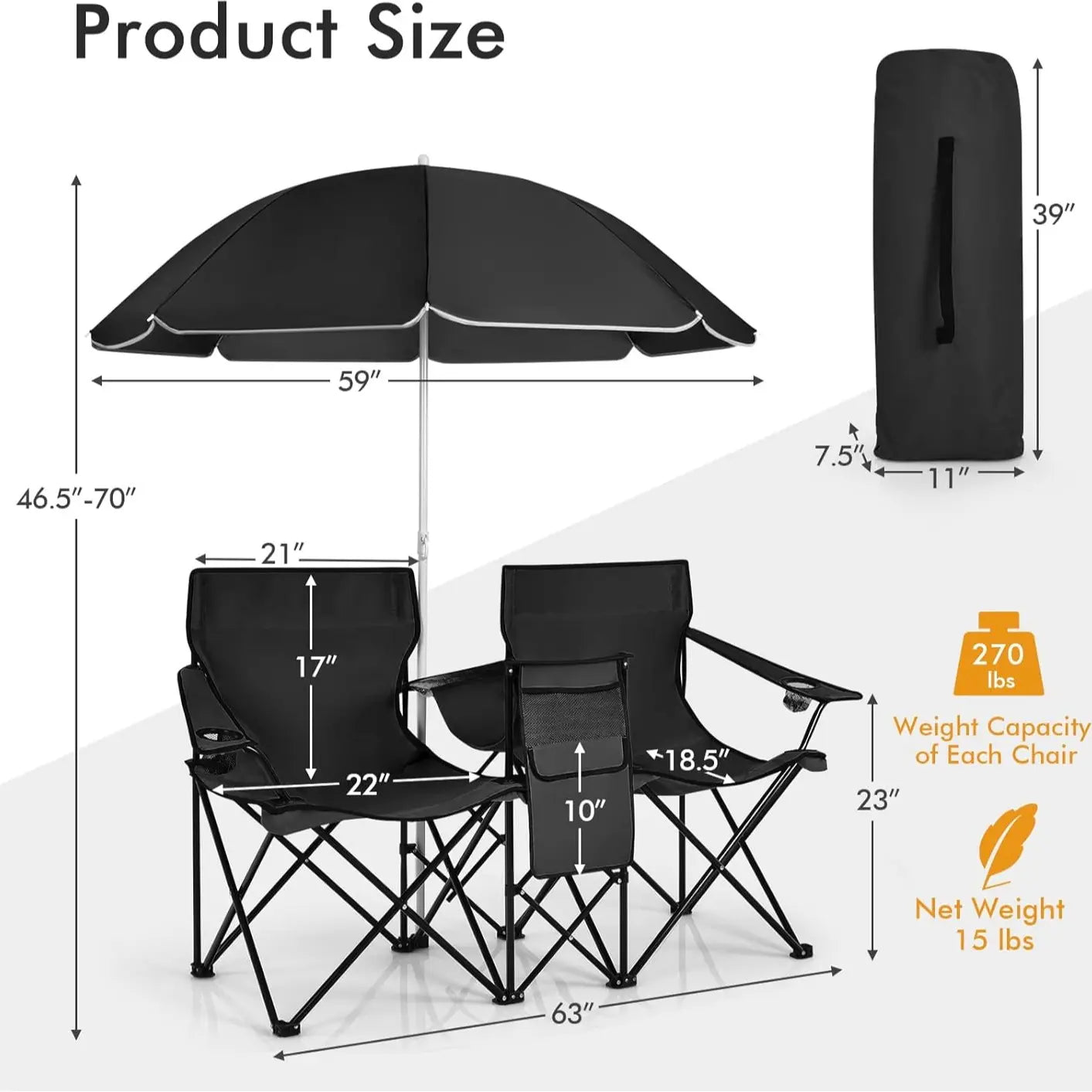Double Portable Picnic Chairs,Folding Camping Chairs w/DetachableUmbrella, Cooler Bag, Cup Holders