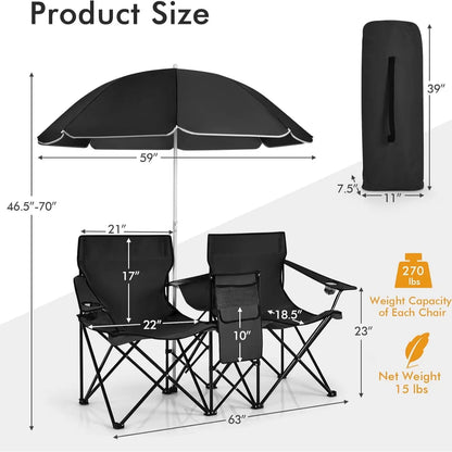 Double Portable Picnic Chairs,Folding Camping Chairs w/DetachableUmbrella, Cooler Bag, Cup Holders