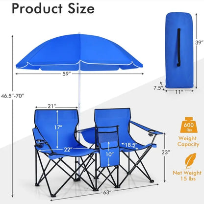 Double Portable Picnic Chairs,Folding Camping Chairs w/DetachableUmbrella, Cooler Bag, Cup Holders
