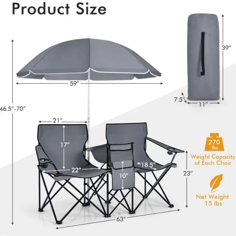 Double Portable Picnic Chairs,Folding Camping Chairs w/DetachableUmbrella, Cooler Bag, Cup Holders