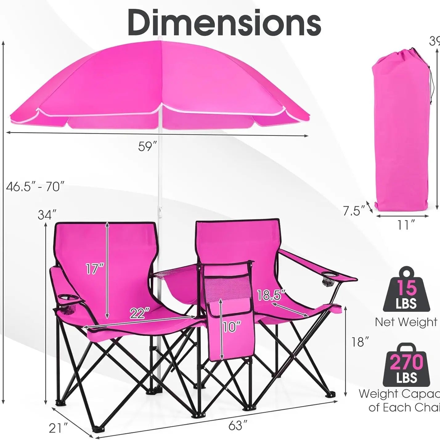 Double Portable Picnic Chairs,Folding Camping Chairs w/DetachableUmbrella, Cooler Bag, Cup Holders