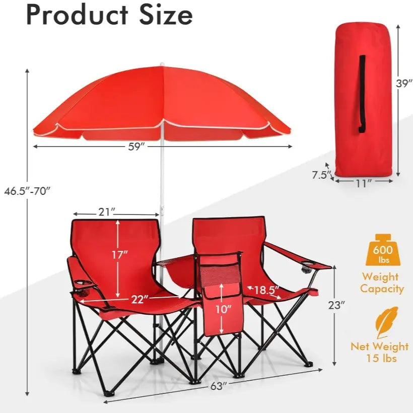 Double Portable Picnic Chairs,Folding Camping Chairs w/DetachableUmbrella, Cooler Bag, Cup Holders